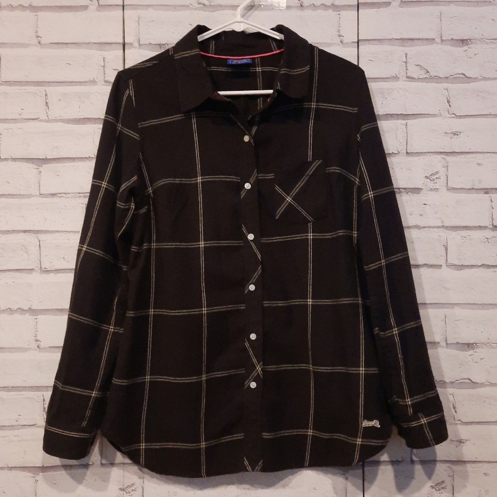 Le Tigre Women's Size M Button Front Top Black White Plaid Check Pocket Logo
